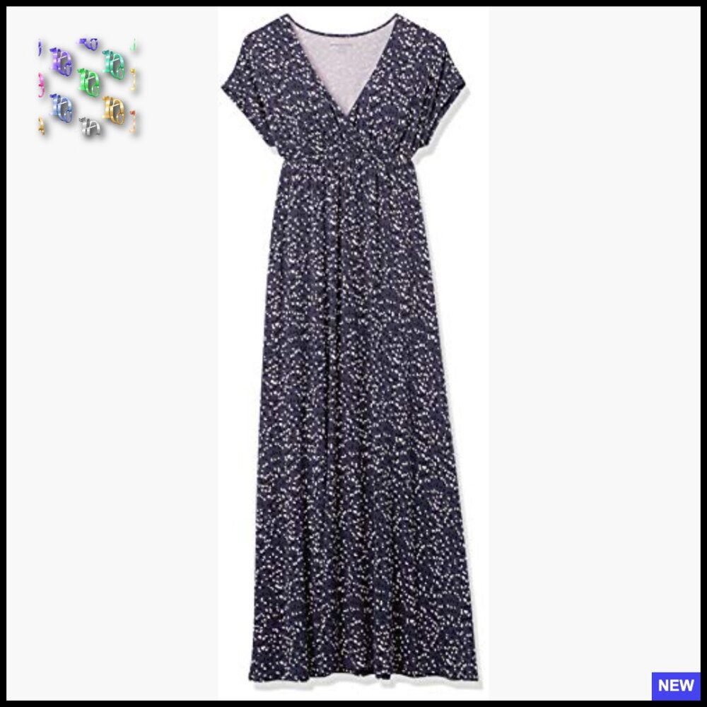 V Neck Short Sleeve Waisted Maxi Dress Flowy Fit & Flare Elegant Day to Night - Picture 6 of 7